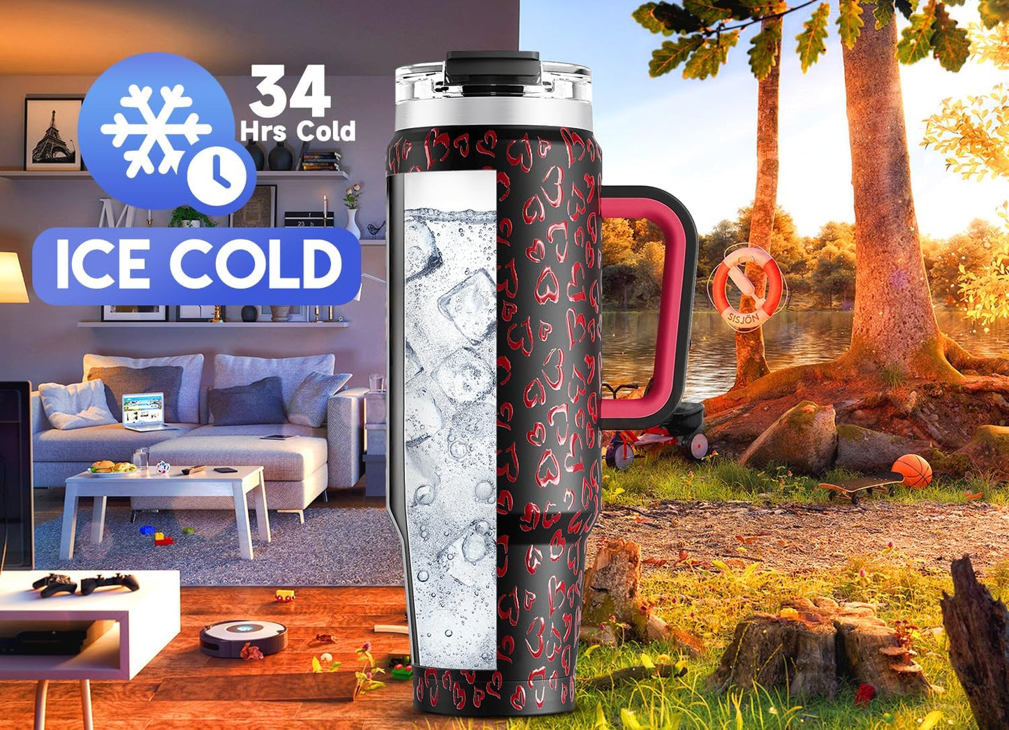 Meoky 32 oz Tumbler with Handle, Insulated Tumbler with Lid and Straw, Stainless Steel Travel Mug, Keeps Cold for 24 Hours, 100% Leak Proof, Fits in Car Cup Holder (Night)