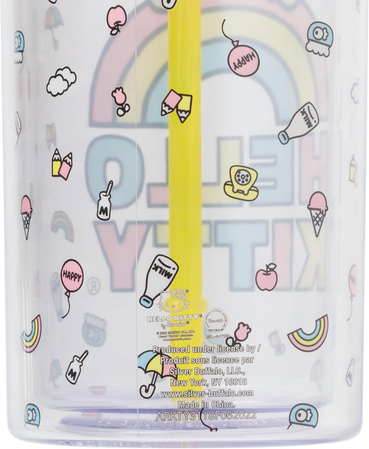 Silver Buffalo Sanrio Hello Kitty Milk Carton Pattern Plastic Boba Tumbler w Lid and Wide Straw, 24 Ounces