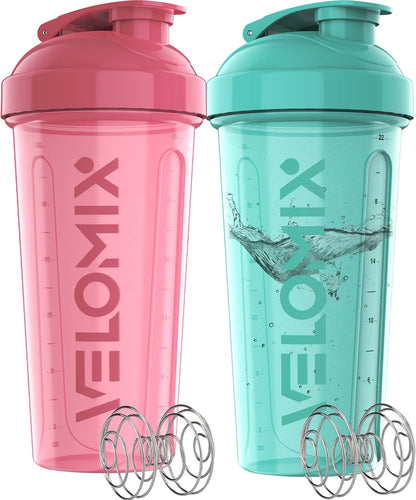 VELOMIX -2 Pack- 28 oz Protein Shaker Bottles for Protein Mixes - 2x Wire Whisk | Leak Proof Shaker Cups for Protein Shakes | Protein Shaker Bottle Pack (Black/Transparent)