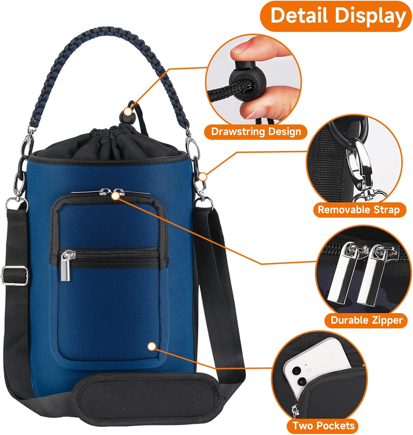 AceTreker 32/40/64/128 oz Neoprene Insulated Water Bottle Carrier Bag, Sling Bag Sleeve Pouch Holder with Strap & Paracord Handle and 2 Pocket for Travelling, Hiking, Camping