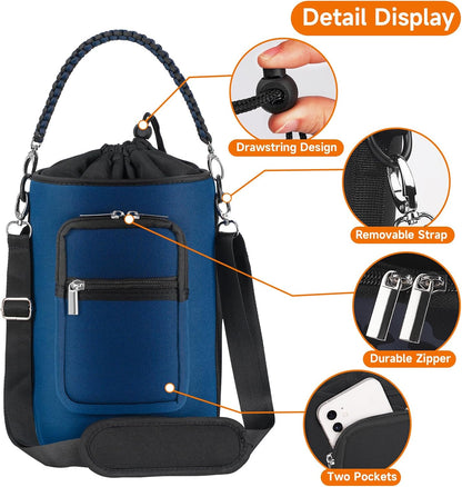AceTreker 32/40/64/128 oz Neoprene Insulated Water Bottle Carrier Bag, Sling Bag Sleeve Pouch Holder with Strap & Paracord Handle and 2 Pocket for Travelling, Hiking, Camping