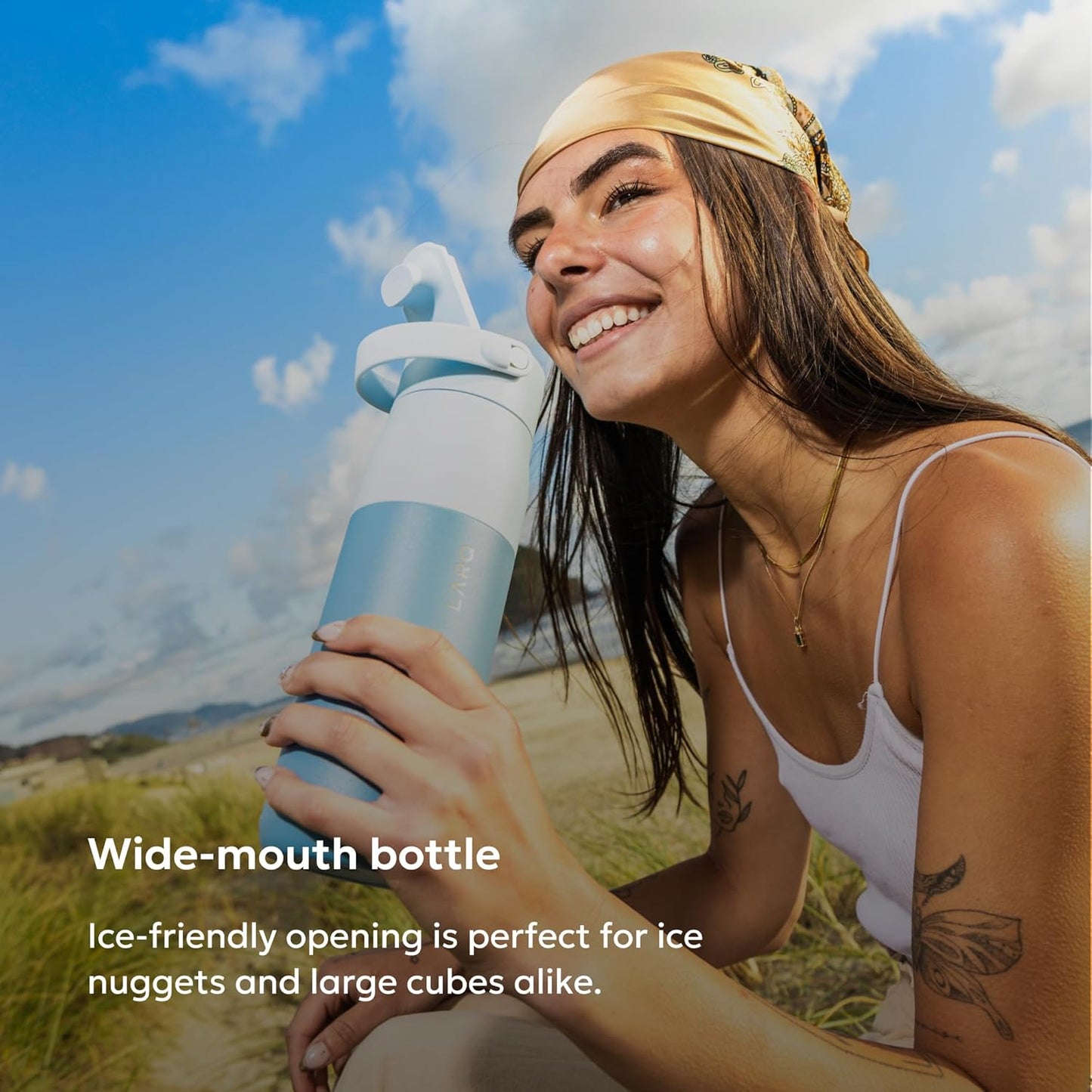 LARQ Swig Top — Insulated Stainless Steel Water Bottle with Straw, Detachable Silicone Handle, Vacuum 24h Cold, BPA-Free Metal Bottle for Gym, Travel, Office, Wide Mouth for Ice — 23 oz, Mojave Dune