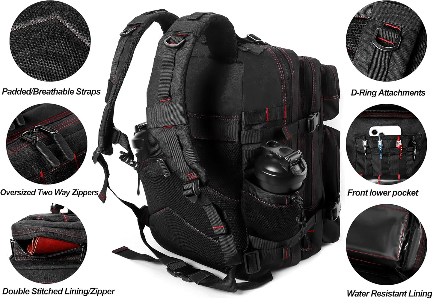 LHI Military Tactical Backpack for Men and Women 45L Army 3 Days Assault Pack Bag Large Rucksack with Molle System - Black - Colors A
