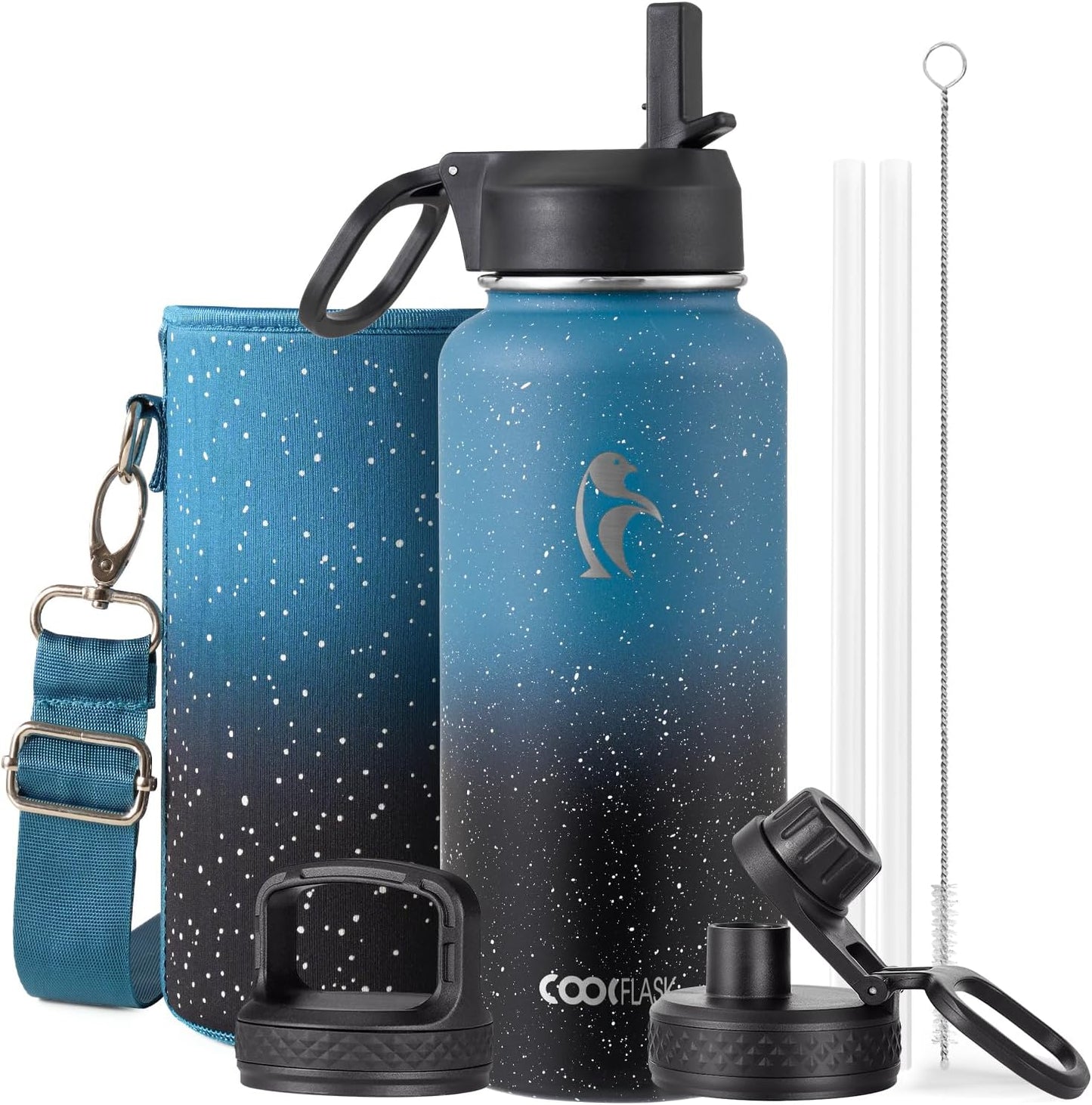 Half Gallon Water Bottle Insulated with Straw & 3 Lids, Coolflask 64 oz Water Jug Large Metal Stainless Steel Wide Mouth for Sports, Gym or Office, Non-BPA Keep Cold 48H Hot 24H, Samurai Cyan