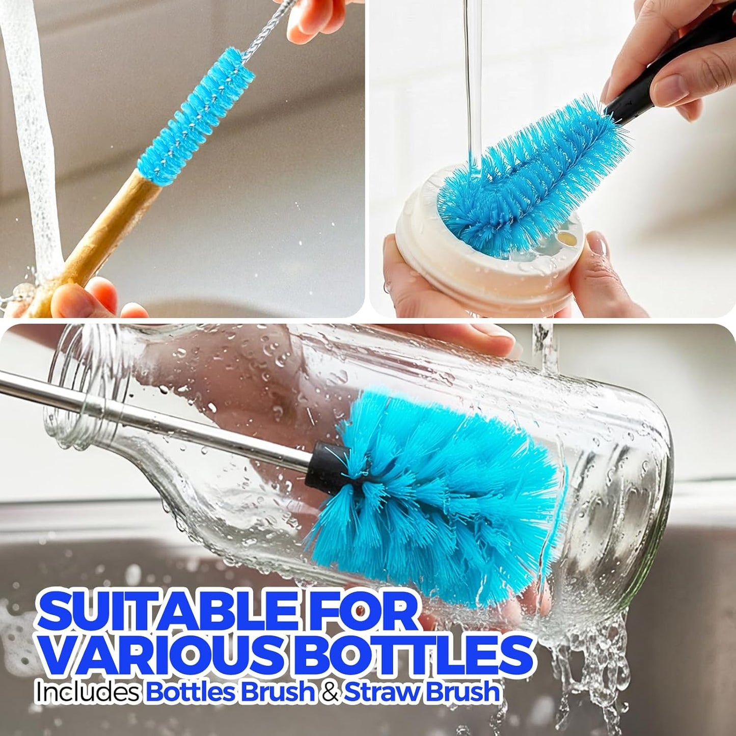 Holikme 4 Pack Bottle Brush Set, 14.5" Long Handle Stainless Steel Bottle Cleaner Brush, Long-Handled 4-in-1 Stainless Steel Bottle Brushes for Water Bottle, Cups, Abrasive Wheel Brushes, Blue
