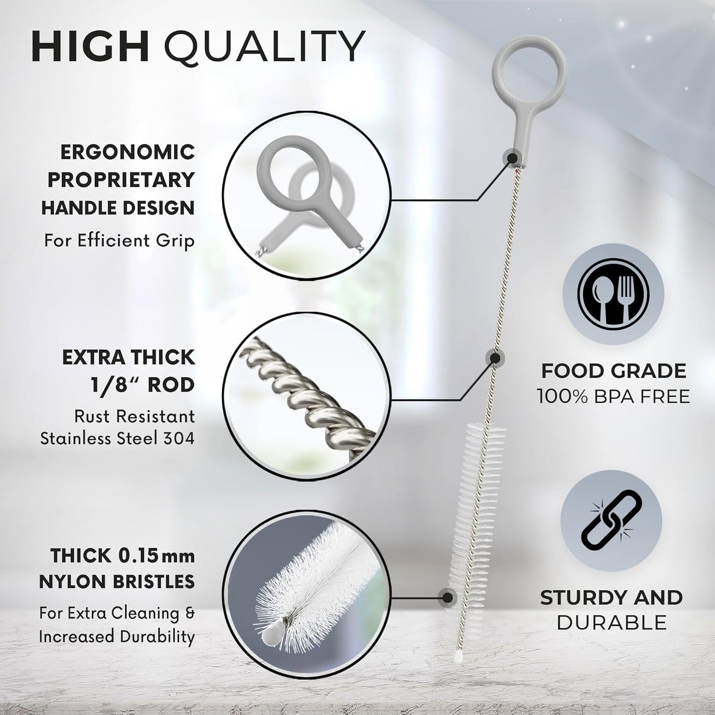 Buenalife Heavy Duty Cleaning Brushes Set of 4 - Extra Long Straw Cleaners for Metal and Plastic Reusable Drinking Straws, to Clean Small Spaces, Sippy Cups, Water Bottles - Sturdy Hard Brush Bristles