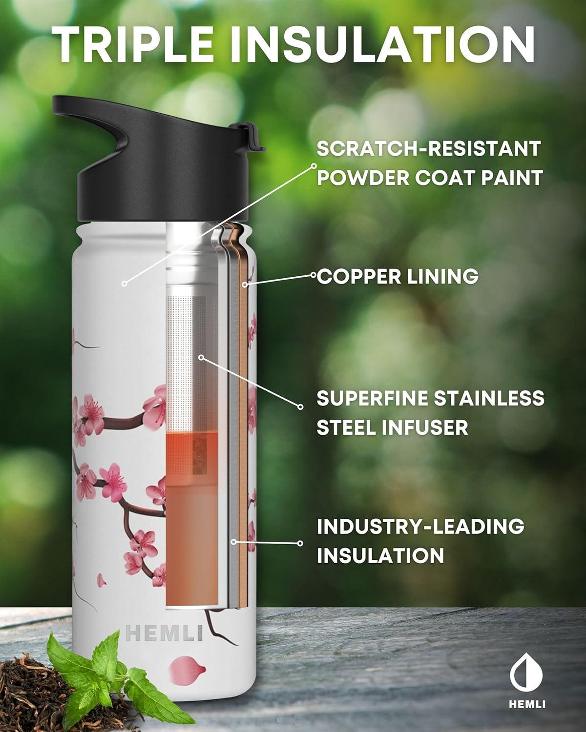 22 oz Ceramic Lined Tea Infuser Travel Tumbler, Micro-Mesh Stainless Steel Infuser, Pure Taste Ceramic Interior, Triple Insulated 12hr Hot Cold, Dual Sip & Straw Lid, Scratch-Resistant