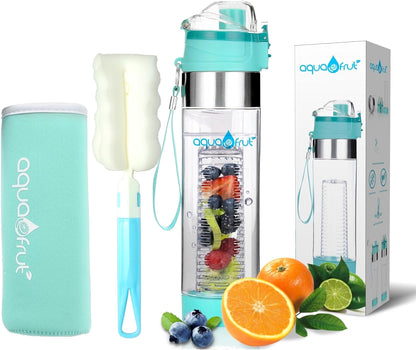 NEW Improved AquaFrut Bottom Loading Fruit Infuser Water Bottle Complete Bundle Includes Bottle Brush, Insulating Sleeve & Infusion Recipe eBook. Leak Proof Sweat Proof BPA-Free (Purple)
