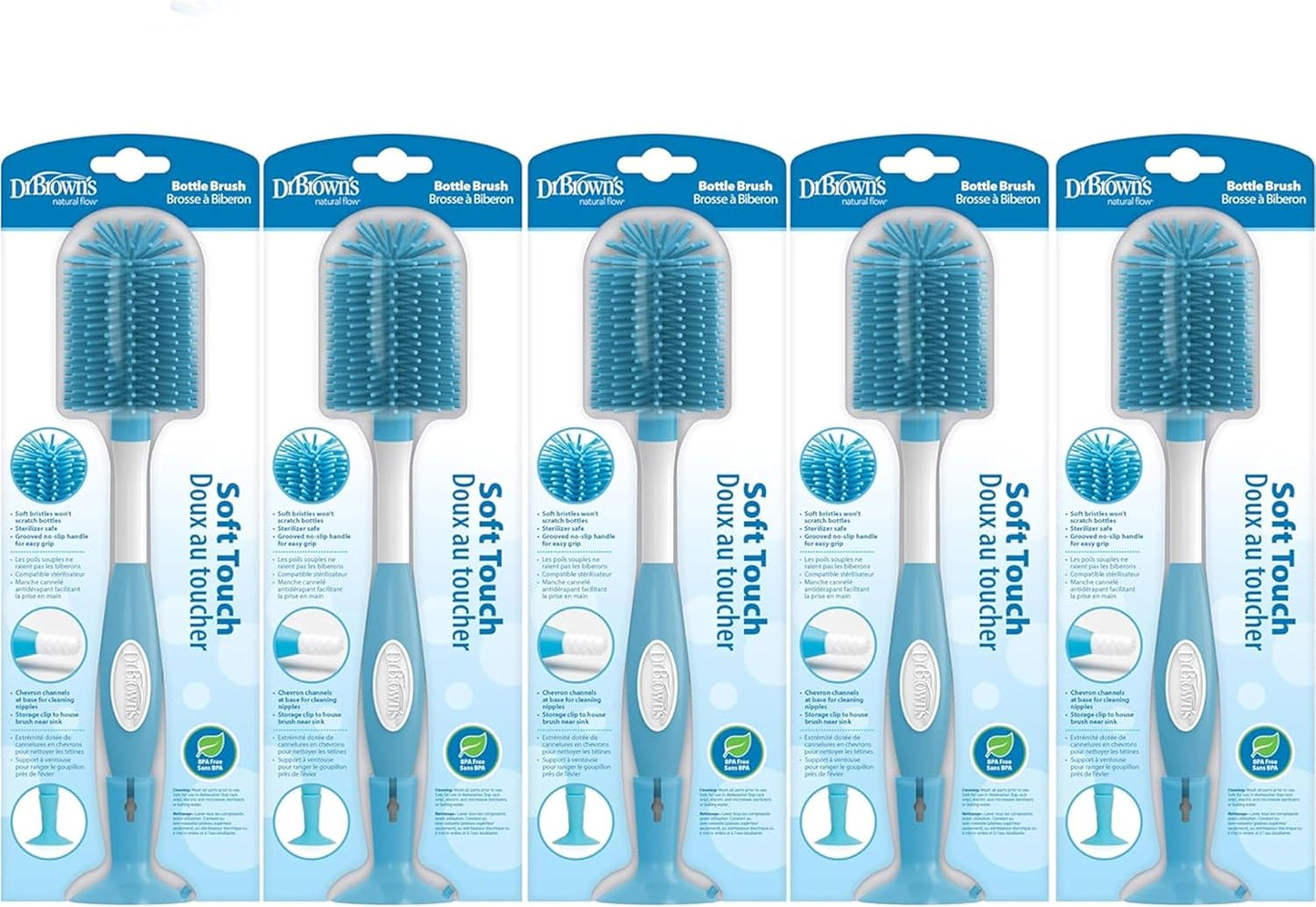 Dr. Brown's Soft Touch No Scratch Baby Bottle Cleaning Brush Nipple Cleaner with Stand and Storage Clip, BPA Free, Blue 1-Pack