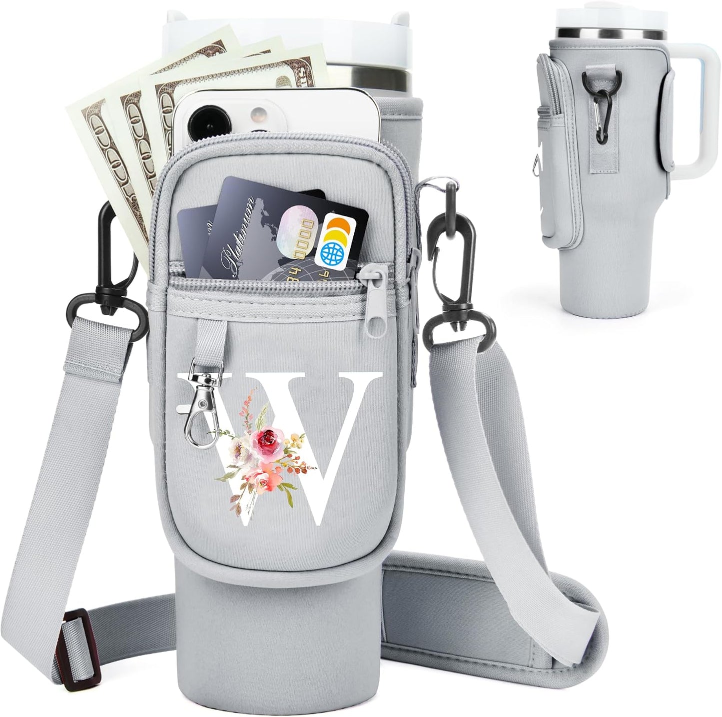 Initial Water Bottle Holder with Strap for Stanley Cup Accessories 40 oz/Simple Modern Tumbler, Birthdays for Women Girls, Water Bottle Carrier Bag with Phone Pocket,Hiking Walking Gym Camping