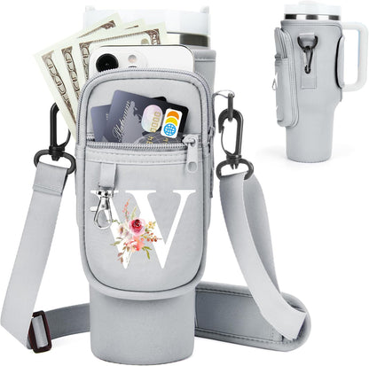 Initial Water Bottle Holder with Strap for Stanley Cup Accessories 40 oz/Simple Modern Tumbler, Birthdays for Women Girls, Water Bottle Carrier Bag with Phone Pocket,Hiking Walking Gym Camping