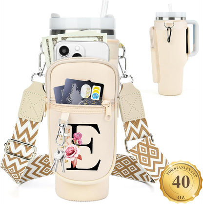 LOKASS Personalized Water Bottle Holder with Strap for Stanley Cup Accessories 40 oz, Initial for Stanley Cup Holder Carrier Bag with Phone Pocket, Stylish Tumbler Accessories for Daily Use Hands-Free