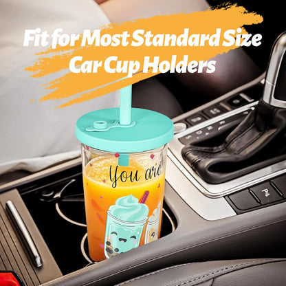 sweet grain Reuasble Boba Cup, 24 oz 100% Leak Proof and Double Wall Insulated Iced Coffee Tumbler with Reusable Plastic Straws and Straw Cleaner(Sky Blue)