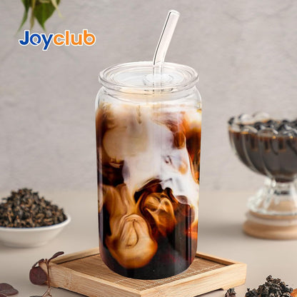 Joyclub 8pcs 16 oz Glass Cups with Acrylic Lids and Straws Can Shaped Iced Coffee Glasses Cute Tumbler Set Drinking Jars for Smoothie Soda Boba Beer Party Housewarming Gifts