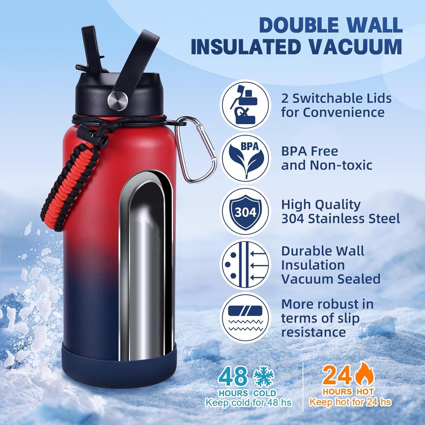 Insulated Water Bottle, 32 oz Stainless Steel Wide Mouth Water Bottles with 2 Leak Proof Lid and Paracord Handle, Double Wall Vacuum Insulated Sports Water Bottle, Purple Black