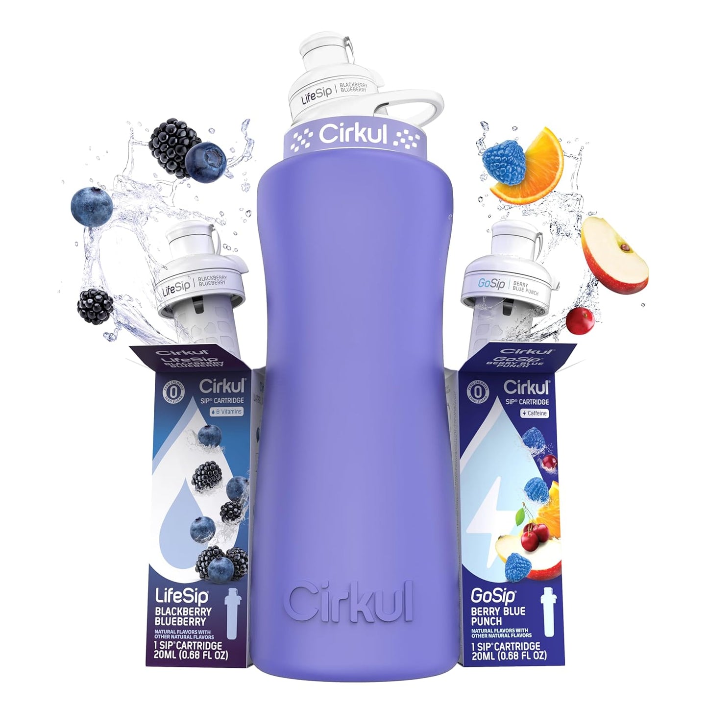 Cirkul 32oz. Chameleon Stainless Steel Water Bottle Starter Kit with Green Lid, 2 Flavor Cartridges (1 LifeSip Blackberry Blueberry, 1 GoSip Berry Blue Punch) No Sugar, Zero Calorie Drink Mix