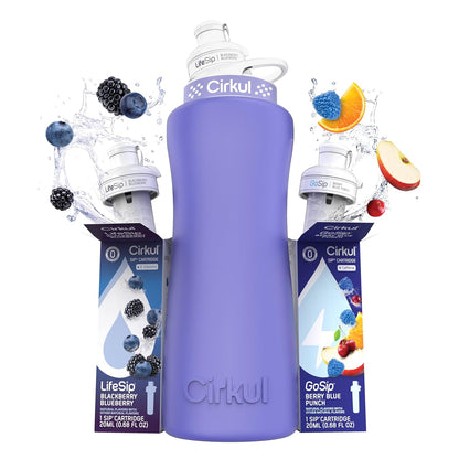 Cirkul 32oz. Chameleon Stainless Steel Water Bottle Starter Kit with Green Lid, 2 Flavor Cartridges (1 LifeSip Blackberry Blueberry, 1 GoSip Berry Blue Punch) No Sugar, Zero Calorie Drink Mix