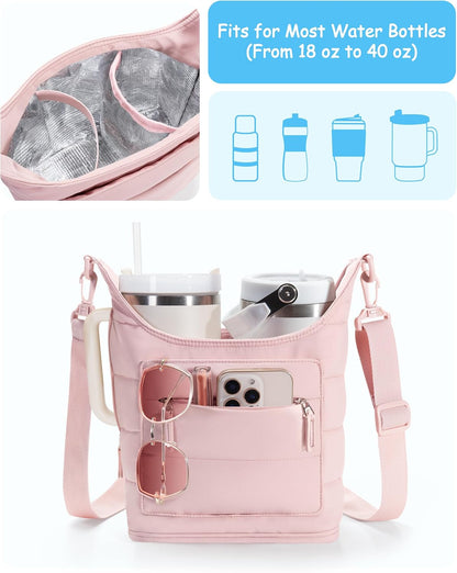 Water Bottle Holder with Strap for 2 Cups, Water Bottle Sling Bag with Phone Pocket, Tumbler Carrier Bag for Walking, Hiking, Camping
