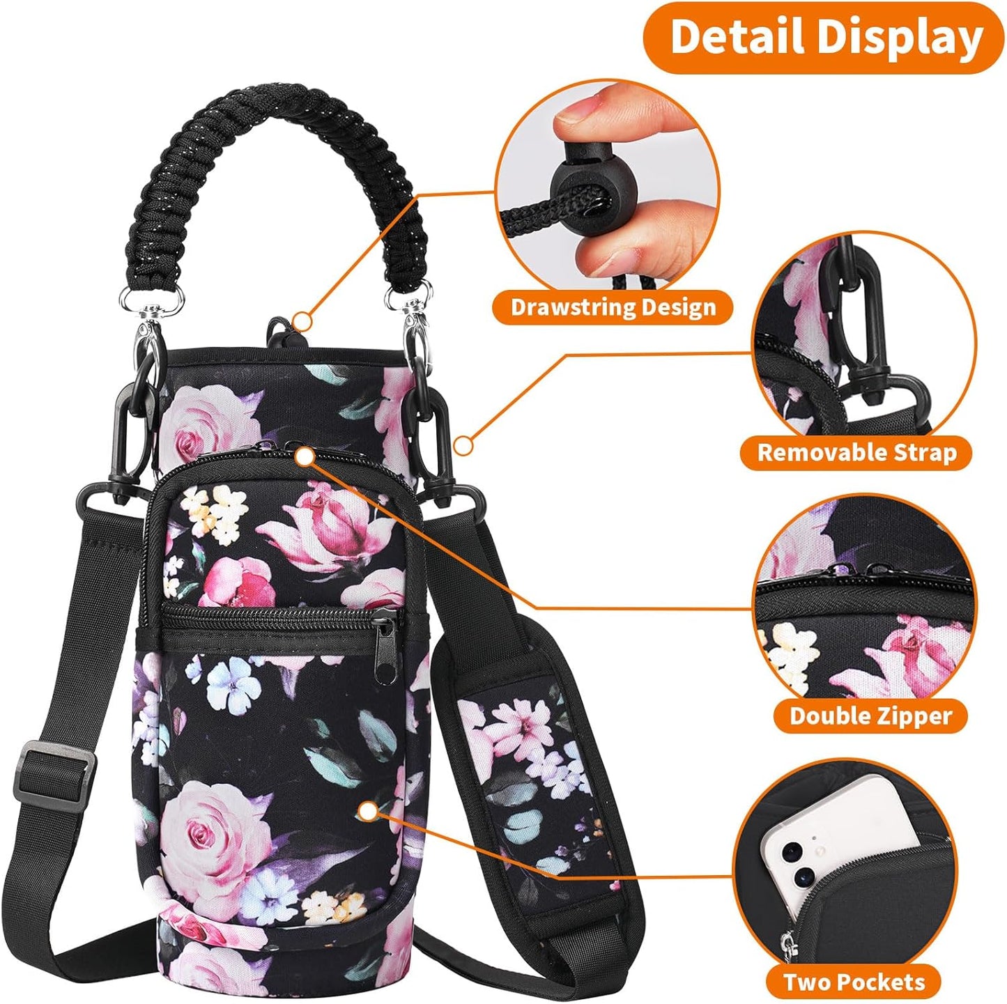 AceTreker 32/40/64/128 oz Neoprene Insulated Water Bottle Carrier Bag, Sling Bag Sleeve Pouch Holder with Strap & Paracord Handle and 2 Pocket for Travelling, Hiking, Camping