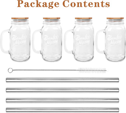 ANOTION Mason Jar Iced Coffee Cup with Lid and Straw, 24oz Regular Mouth Mason Jars with Handle Glass Coffee Drinking Glasses Tumbler Reusable Cups Bottles for Iced Coffee Cups for Travel Office Home