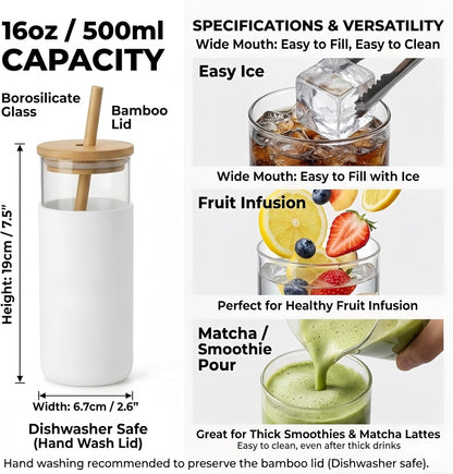 16oz Glass Tumbler with Lid and Straw, Thick Borosilicate Glass Iced Coffee Cup with Protective Silicone Sleeve, Car Cup Holder Friendly Reusable Smoothie Cup for Matcha Tea and Boba, Gift Box Ready