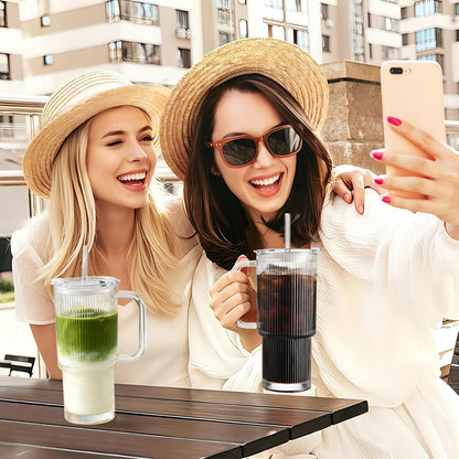 Iced Coffee Cups with Lids: Coffee Bar Accessories - Ribbed Glass Tumbler with Straw and Lid 4Pcs - 20oz Leak Proof Tumbler - Reusable Glass Cups and Tumblers with Lid and Straws for To Go Iced Coffee