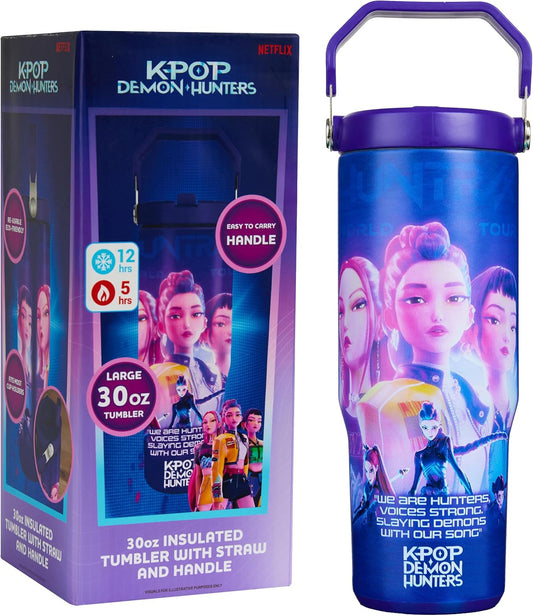 KPop Demon Hunters 30oz Tumbler with Straw and Handle for Girls, Teens, Insulated Stainless Steel Travel Mug, Gifts for Girls