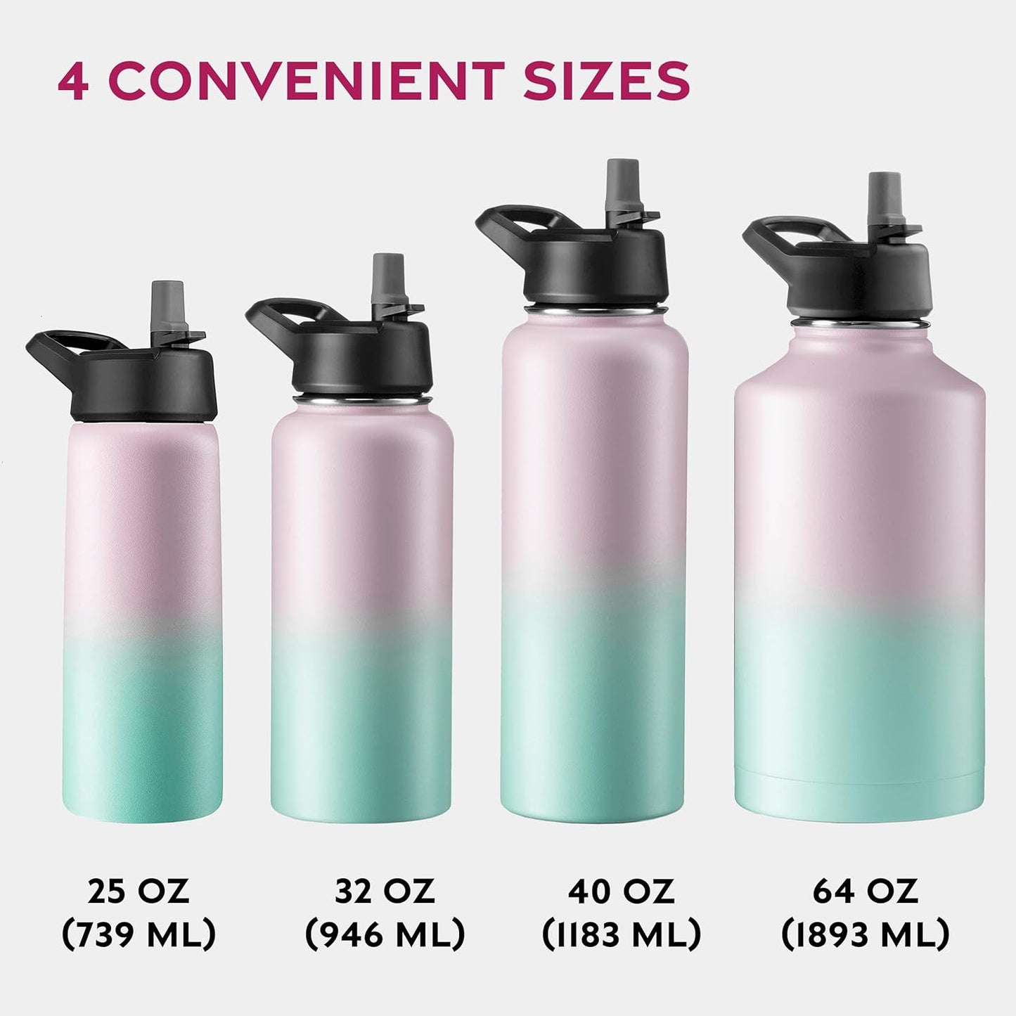 FineDine Water Bottle - Stainless Steel Insulated Water Bottle with Straw Lid, Flip Lid & Wide-Mouth Cap - Keeps Hot and Cold - 25 Oz / 739ml - Dreamy Purple