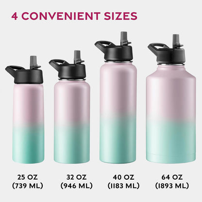 FineDine Water Bottle - Stainless Steel Insulated Water Bottle with Straw Lid, Flip Lid & Wide-Mouth Cap - Keeps Hot and Cold - 25 Oz / 739ml - Dreamy Purple