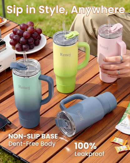Renoj Insulated Mug 100% Leak Proof Insulated Water Bottle for Iced Coffee & Hot Drinks - Fits Car Cup Holder, Ideal Gift, 2 Straws & Silicone Boot - SnapShift Pink 32 oz