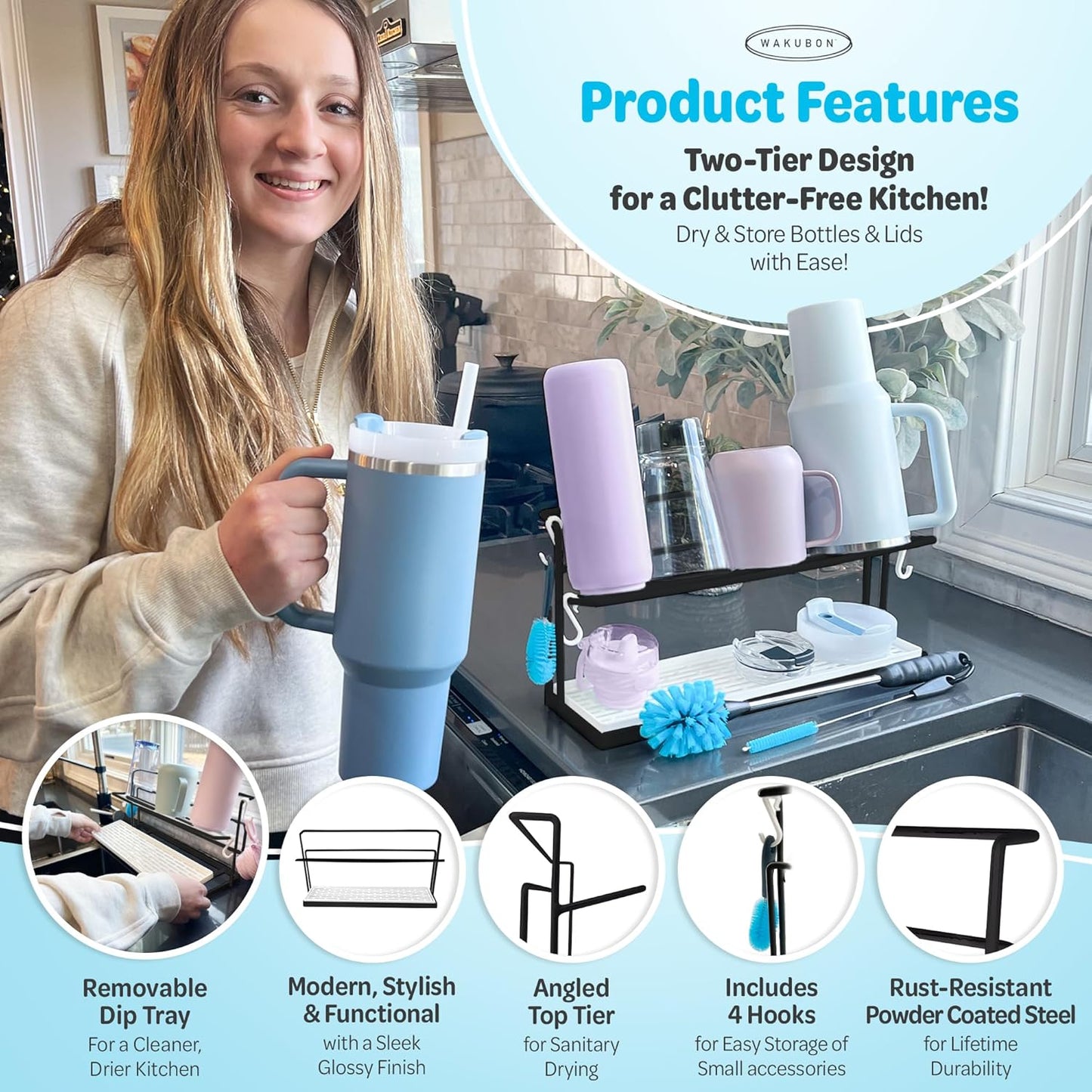 Water Bottle Drying Rack for Kitchen Counter – Cup Drying Rack, Tumbler, Mug & Glass Drying Rack Drying Rack, 2 Tier with Drain Tray and Cleaning Brush Set (Black)