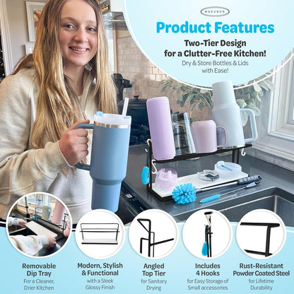 Water Bottle Drying Rack for Kitchen Counter – Cup Drying Rack, Tumbler, Mug & Glass Drying Rack Drying Rack, 2 Tier with Drain Tray and Cleaning Brush Set (Black)