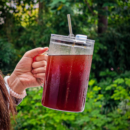 SUROQUE 20oz Ribbed Glass Tumblers with Lids & Straws, Ideal for Iced Coffee, Cocktails & More - Includes Cleaning Brush