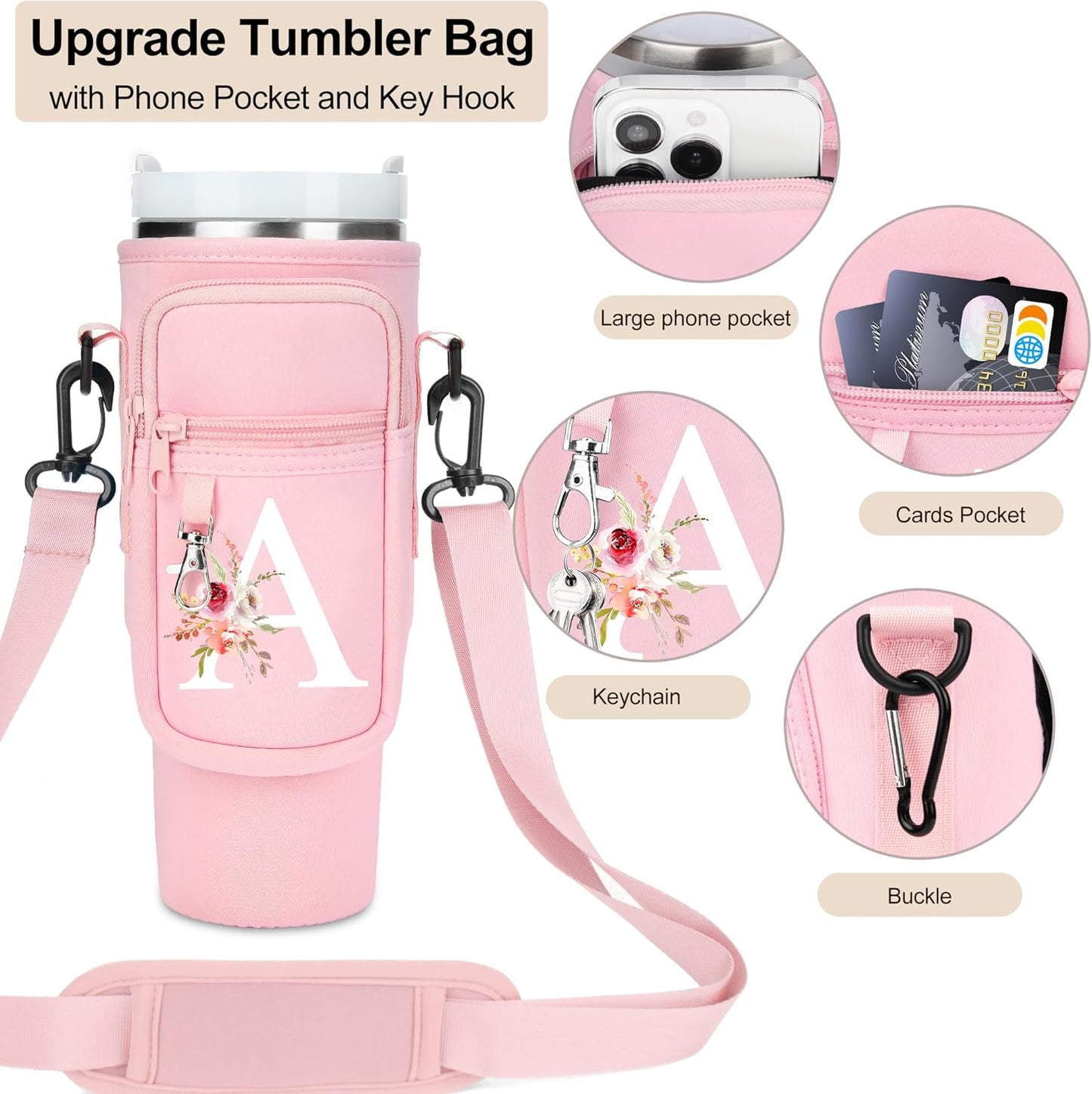 Initial Water Bottle Holder with Strap for Stanley Cup Accessories 40 oz/Simple Modern Tumbler, Birthdays for Women Girls, Water Bottle Carrier Bag with Phone Pocket,Hiking Walking Gym Camping