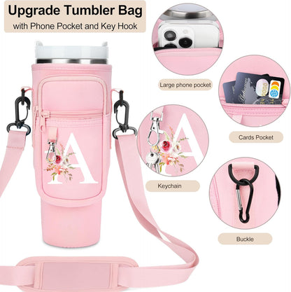 Initial Water Bottle Holder with Strap for Stanley Cup Accessories 40 oz/Simple Modern Tumbler, Birthdays for Women Girls, Water Bottle Carrier Bag with Phone Pocket,Hiking Walking Gym Camping