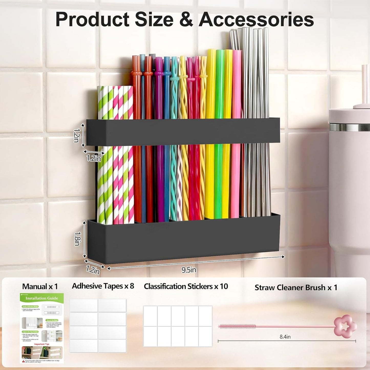 9.5” Large Acrylic Straw Holder for Cabinet Door, Reusable Adjustable Two-Part Straws Organizer with Ultra Sticky Adhesive Strips, 2026 Straw Storage for Kitchen Cupboard (Transparent)