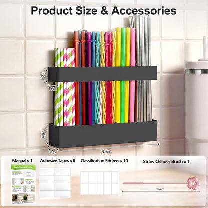 9.5” Large Acrylic Straw Holder for Cabinet Door, Reusable Adjustable Two-Part Straws Organizer with Ultra Sticky Adhesive Strips, 2026 Straw Storage for Kitchen Cupboard (Transparent)