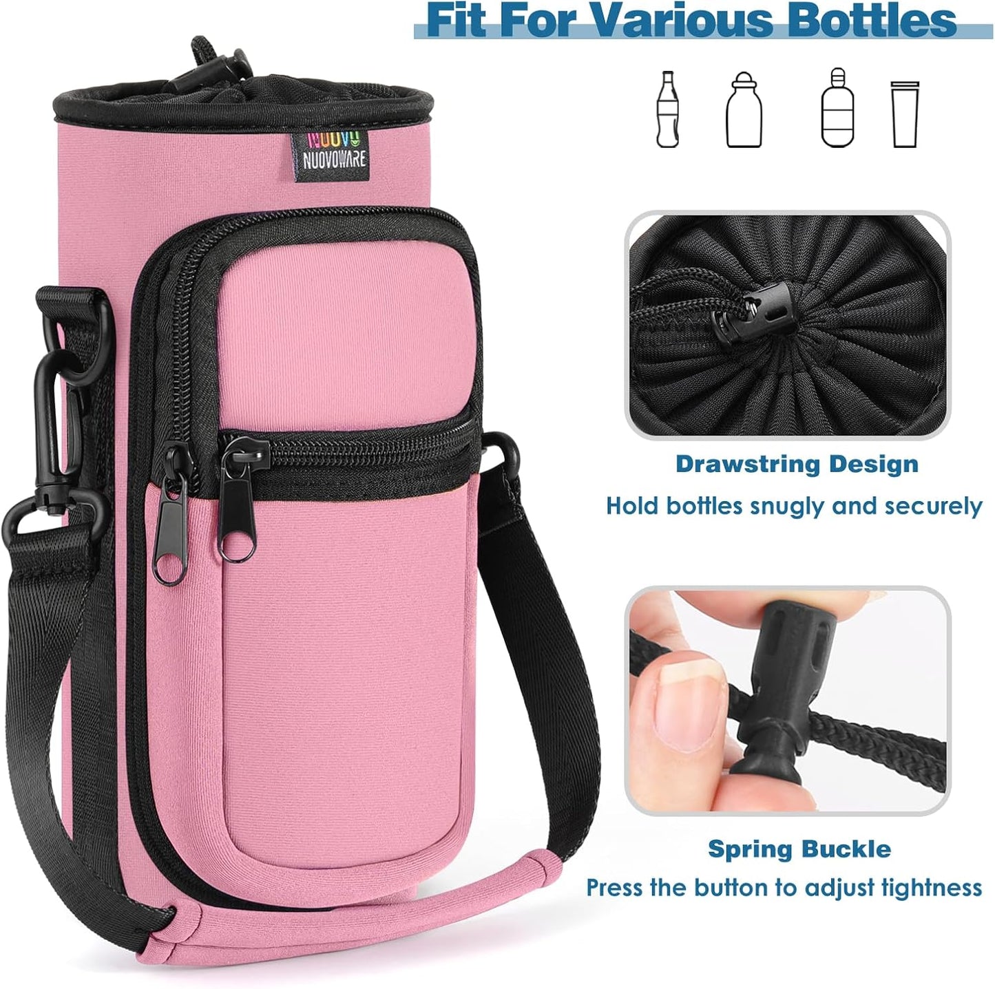 Nuovoware Water Bottle Carrier Bag,25oz/40oz/64oz Bottle Pouch Holder,Adjustable Shoulder Hand Strap 2 Pocket Sling Neoprene Sleeve Sports Accessories for Hiking Travelling Camping