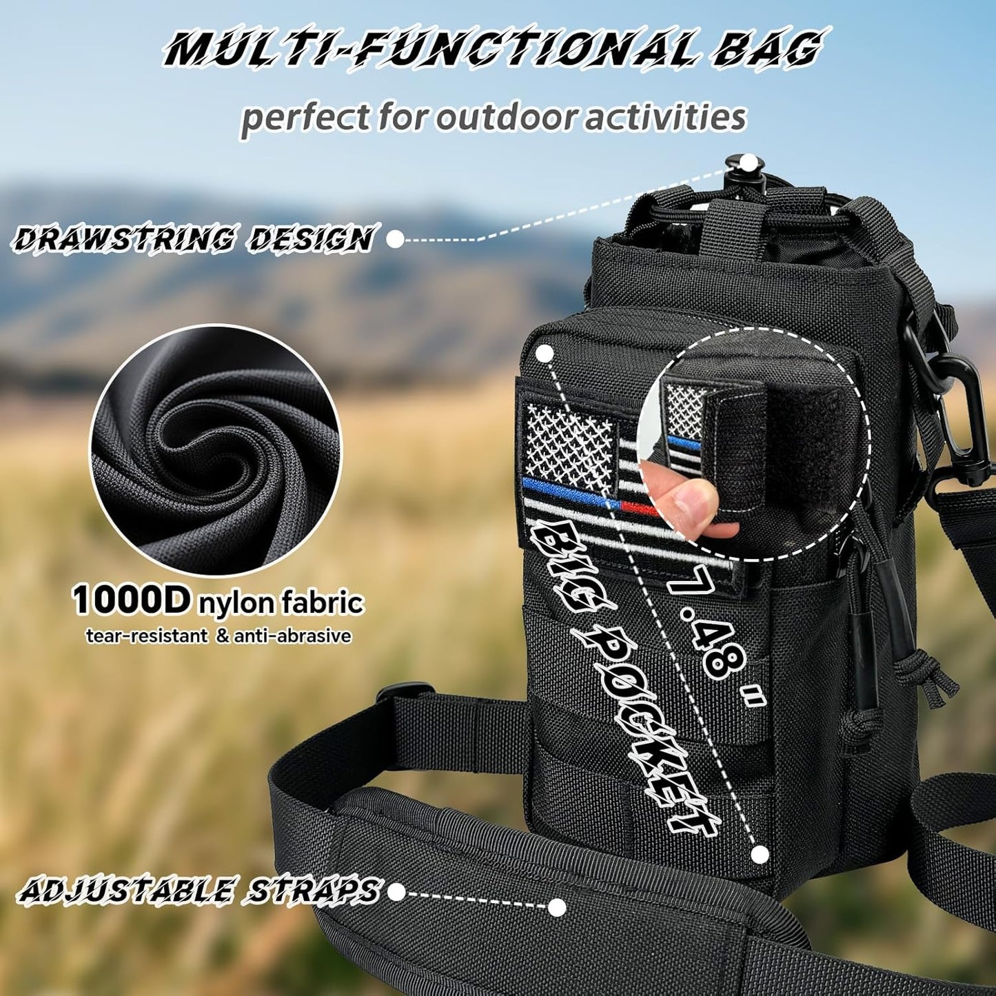 Water Bottle Holder with Strap - Tactical Insulated Water Bottle Sleeve with MOLLE System Water Bottle Cover Cross-Body Pouch for Walking Hiking Camping Gym 32oz&40oz