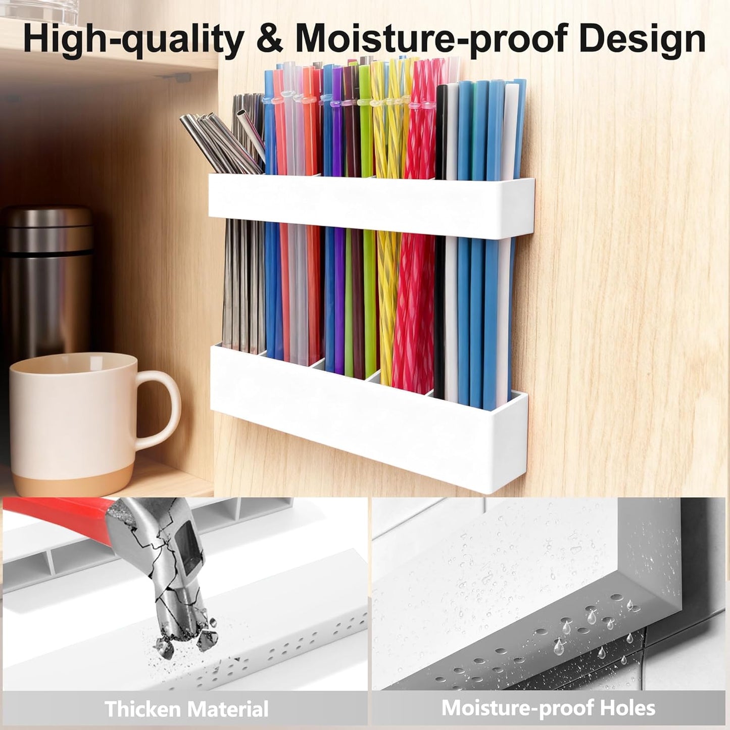 9.5” Large Acrylic Straw Holder for Cabinet Door, Reusable Adjustable Two-Part Straws Organizer with Ultra Sticky Adhesive Strips, 2026 Straw Storage for Kitchen Cupboard (Transparent)