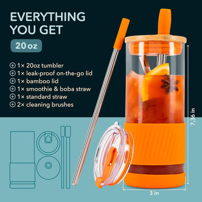 Pandaloo® Glass Cups With Lids and Straws -20 Fl Oz- Perfect Size Iced Coffee Cup - Smoothie Cup With Bamboo Lid and On the go Lid - Glass Tumbler With Straw (1 Count (Pack of 1), Lilac Rhapsody)