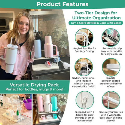 Cup Drying Rack for Counter, Water Bottle Drying Rack for Kitchen Counter, 2-Tier Tumbler, Mug and Glass Drying Rack with Drain Tray and 5-in-1 Cleaning Brush