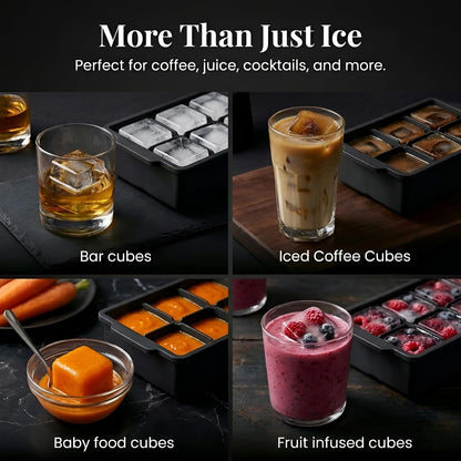 KitchFort Large Silicone Ice Cube Tray (2-Pack), Easy Release 2" Big Ice Cubes - Cocktail, Whiskey Ice Cubes Mold - Ice Trays for Freezer with Lid - Stackable Silicone Ice Tray - Black