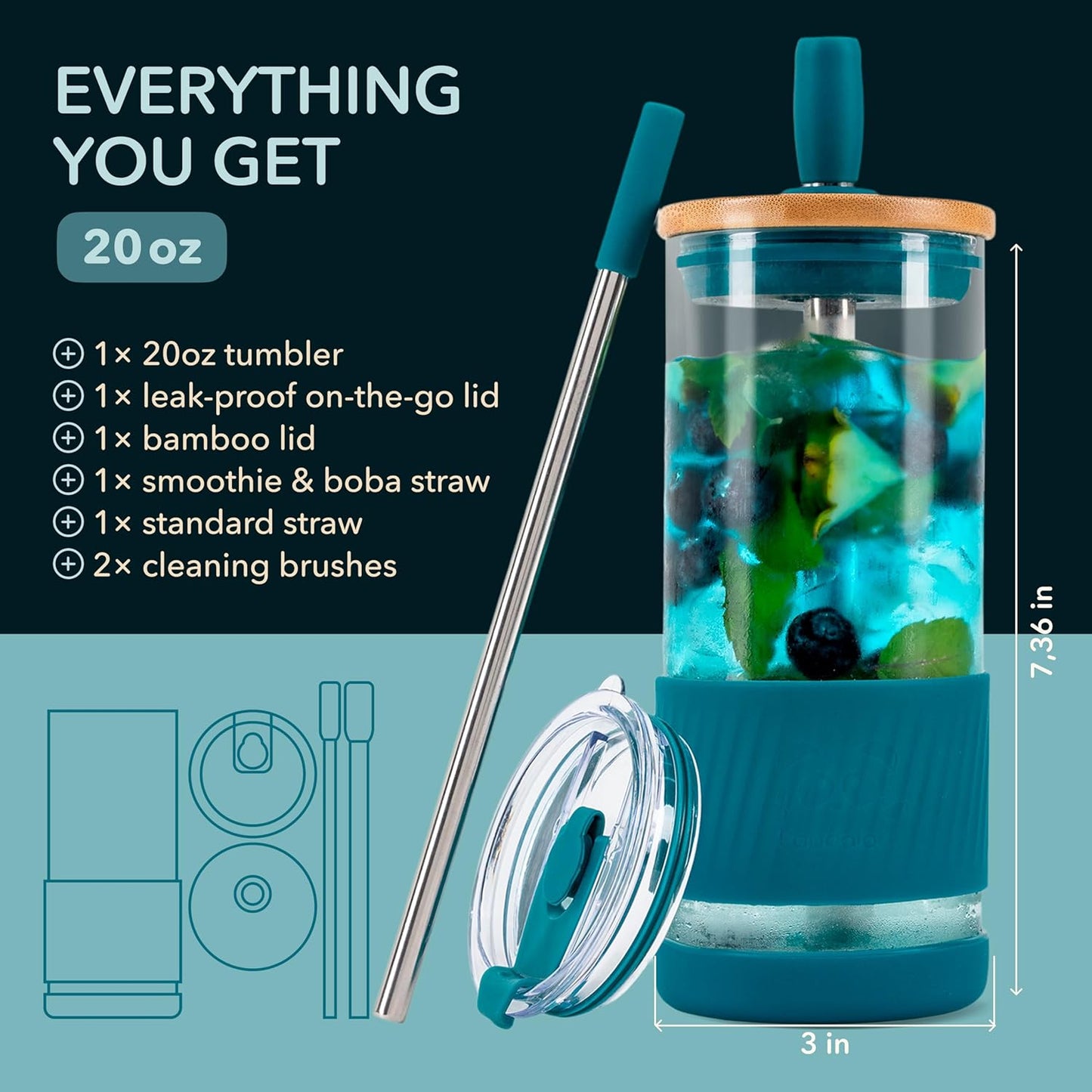Pandaloo® Glass Cups With Lids and Straws -20 Fl Oz- Perfect Size Iced Coffee Cup - Smoothie Cup With Bamboo Lid and On the go Lid - Glass Tumbler With Straw (1 Count (Pack of 1), Lilac Rhapsody)