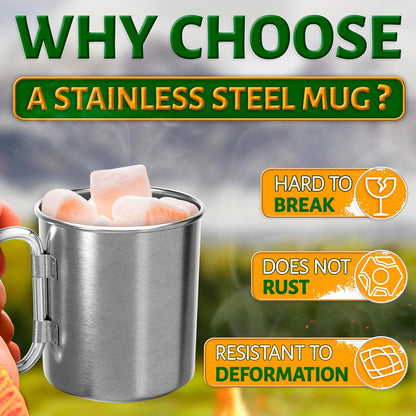 13.5 Oz Camping Mug with Carabiner Handle - Clip-On & Lightweight Design, Stainless Steel Camping Cup for Backpacking, Hiking & Travel - Packable Metal Coffee Mug for Hot & Cold Tea, Soup & Cocoa