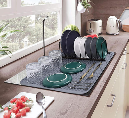 Silicone Dish Drying Mat, Non-Slip Easy Clean Sink Mat Large Heat-resistant Dish Drainer Mat for Kitchen Counter, Sink, Refrigerator or Drawer liner (12" x 6", BLACK)