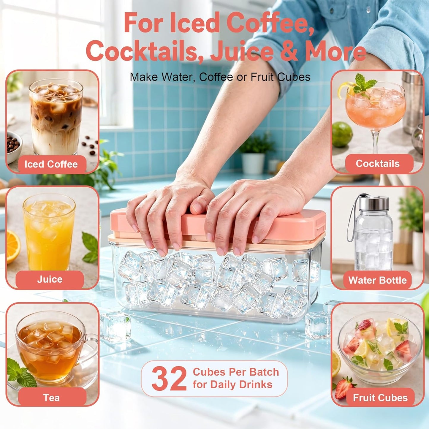 Ice Trays for Freezer with Lid & Bin, Ice Cube Tray Making 64 pcs Ice Cubes, Easy Press to Release Ice, Ice Tray with Storage Bin Chilling Cocktail Whiskey Coffee 2 Trays 1 Ice Bucket & Scoop (Black)