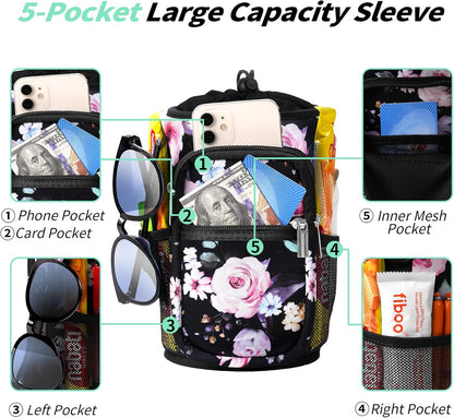 AceTreker 32/40/64/87/128 oz Water Bottle Carrier Bag, Neoprene Water Bottle Sleeve with 4 Pocket, Sport Water Holder with Paracord Handle and Shoulder Strap for Walking Hiking Camping Gym