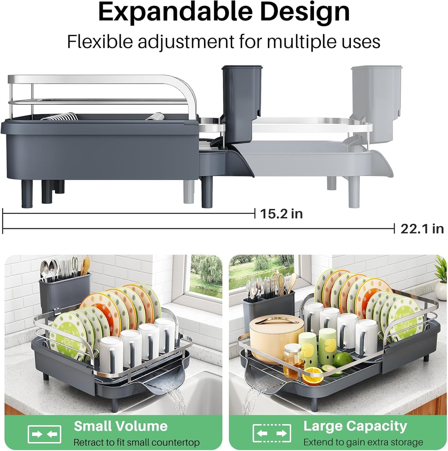 SAYZH Dish Drying Rack - Expandable Dish Rack for Kitchen Counter, Rust-Resistant Dish Drainer with Utensil Holder and Raised Guardrail, Kitchen Organizer for Cup and Bottle (Black)