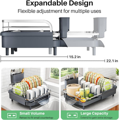 SAYZH Dish Drying Rack - Expandable Dish Rack for Kitchen Counter, Rust-Resistant Dish Drainer with Utensil Holder and Raised Guardrail, Kitchen Organizer for Cup and Bottle (Black)
